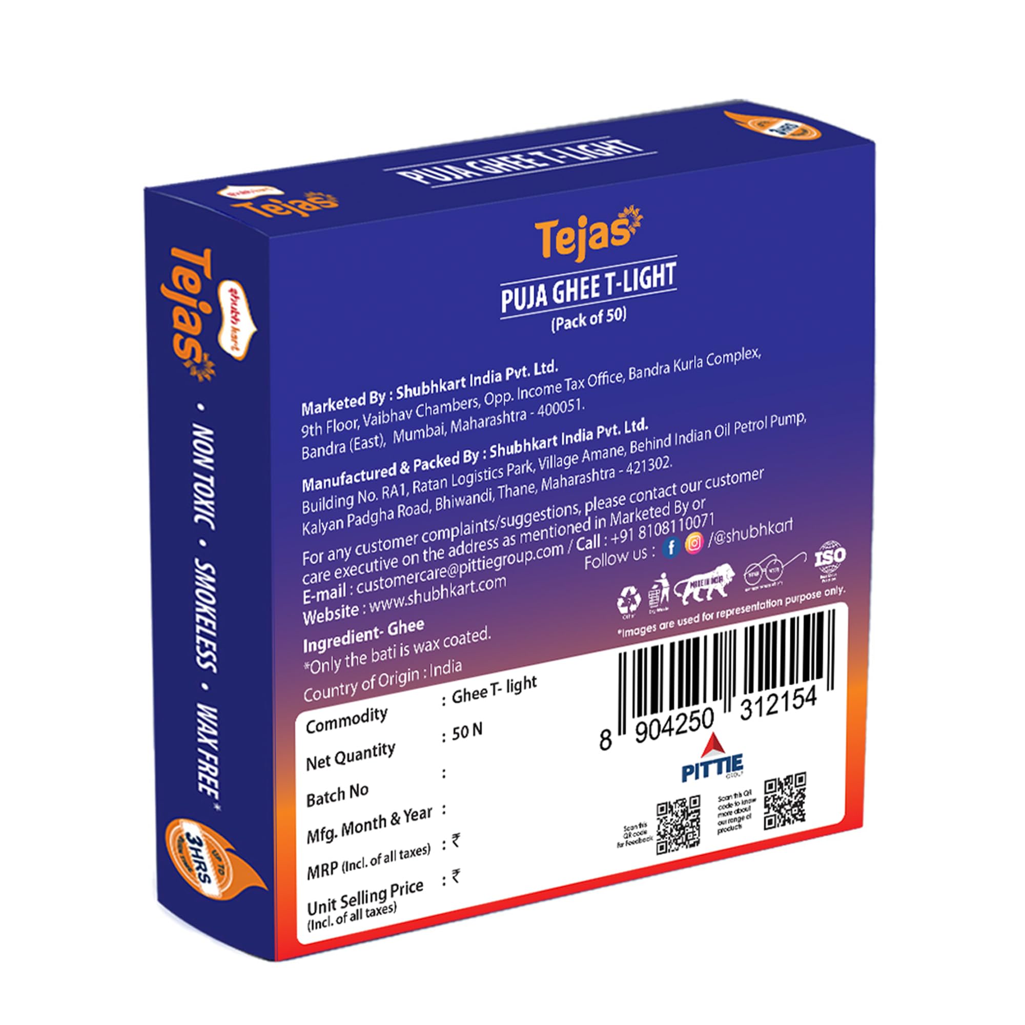 Shubhkart Tejas Puja Ghee T-Light Candles 50N | Non Toxic Smokeless & Wax Free Tea Light Candles Perfect For Home Decor, Prayers